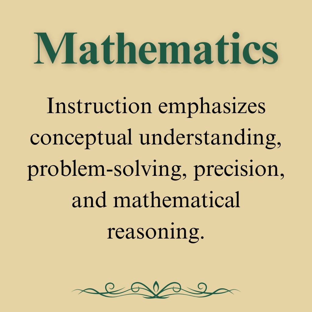 Mathematics

Instruction emphasizes conceptual understanding, problem-solving, precision, and mathematical reasoning.
