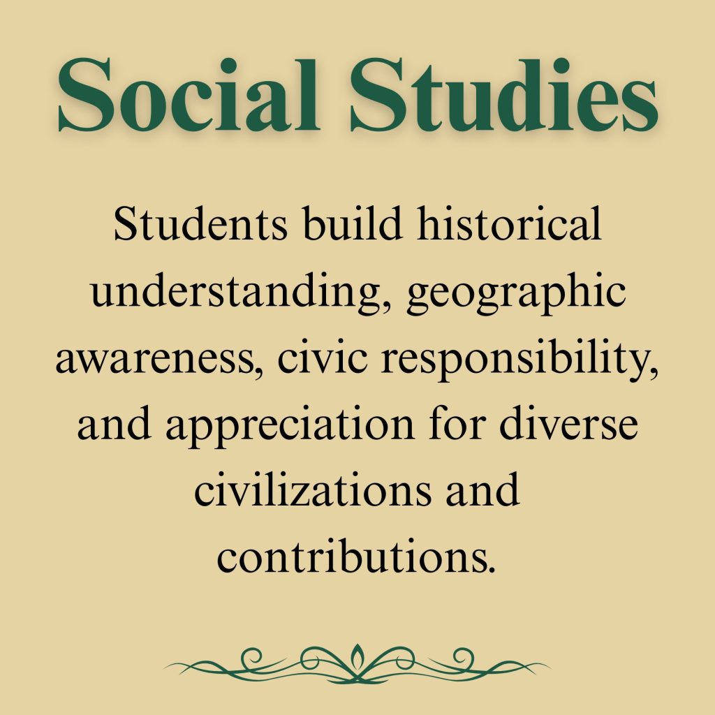 Social Studies

Students build historical understanding, geographic awareness, civic responsibility, and appreciation for diverse civilizations and contributions.
